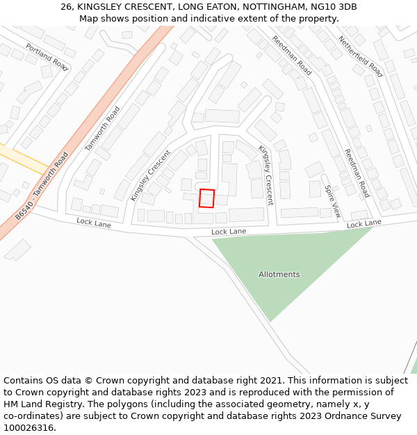 26, KINGSLEY CRESCENT, LONG EATON, NOTTINGHAM, NG10 3DB: Location map and indicative extent of plot