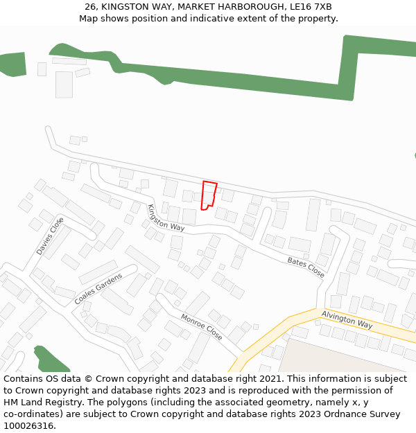 26, KINGSTON WAY, MARKET HARBOROUGH, LE16 7XB: Location map and indicative extent of plot