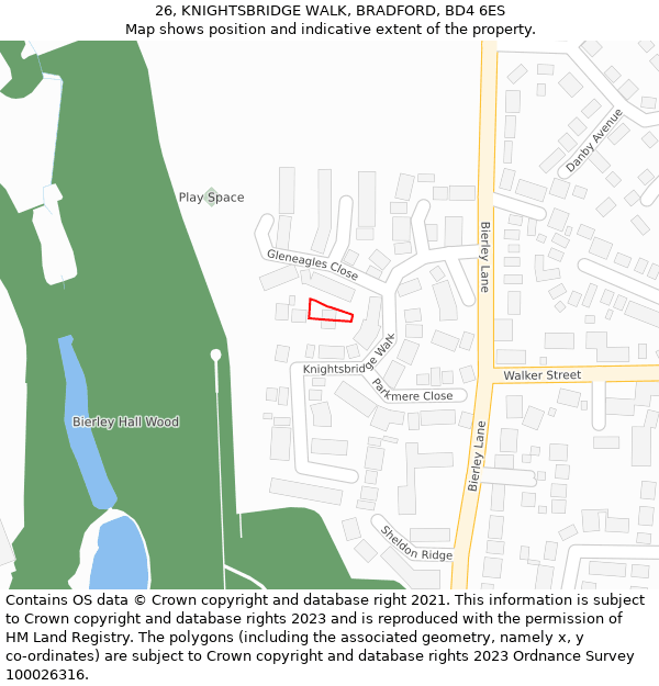26, KNIGHTSBRIDGE WALK, BRADFORD, BD4 6ES: Location map and indicative extent of plot