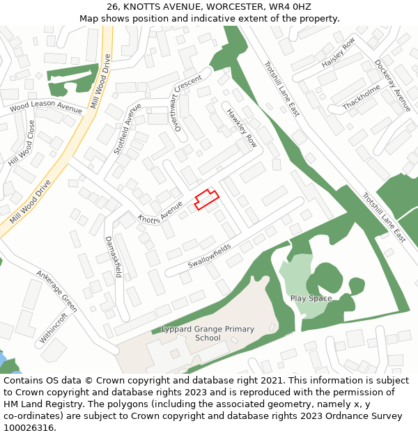 26, KNOTTS AVENUE, WORCESTER, WR4 0HZ: Location map and indicative extent of plot