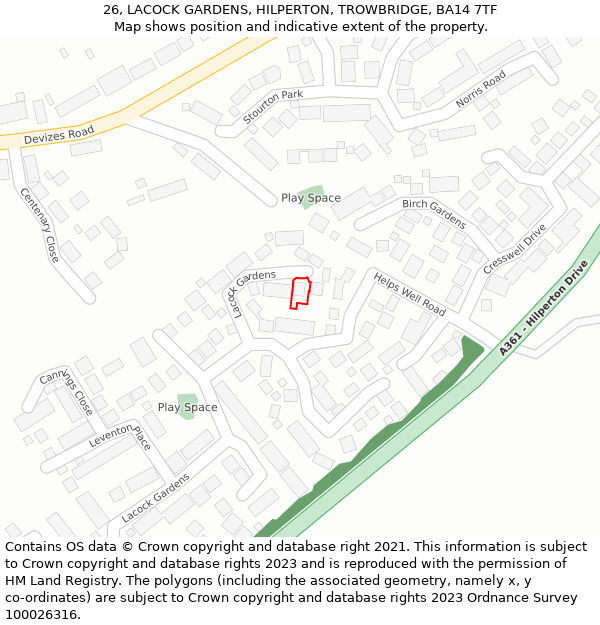 26, LACOCK GARDENS, HILPERTON, TROWBRIDGE, BA14 7TF: Location map and indicative extent of plot