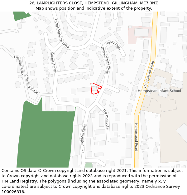 26, LAMPLIGHTERS CLOSE, HEMPSTEAD, GILLINGHAM, ME7 3NZ: Location map and indicative extent of plot