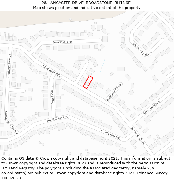 26, LANCASTER DRIVE, BROADSTONE, BH18 9EL: Location map and indicative extent of plot