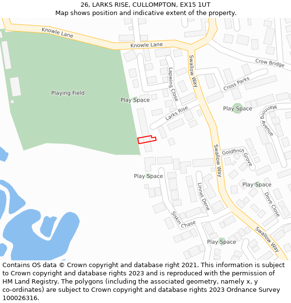 26, LARKS RISE, CULLOMPTON, EX15 1UT: Location map and indicative extent of plot