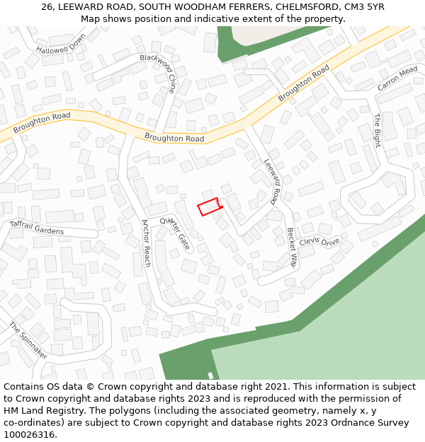 26, LEEWARD ROAD, SOUTH WOODHAM FERRERS, CHELMSFORD, CM3 5YR: Location map and indicative extent of plot