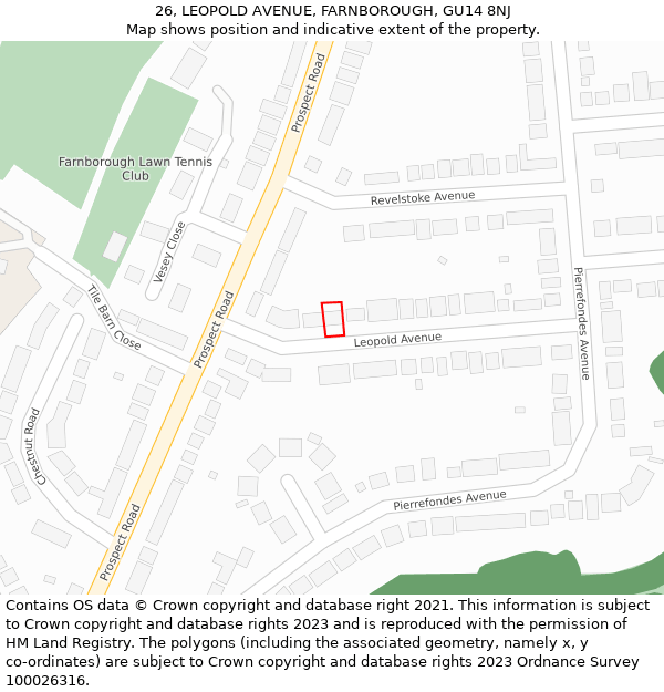 26, LEOPOLD AVENUE, FARNBOROUGH, GU14 8NJ: Location map and indicative extent of plot