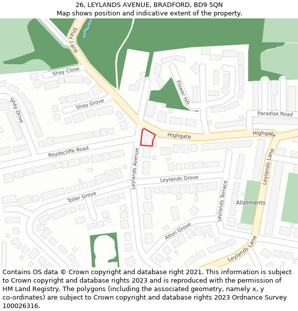 26, LEYLANDS AVENUE, BRADFORD, BD9 5QN: Location map and indicative extent of plot