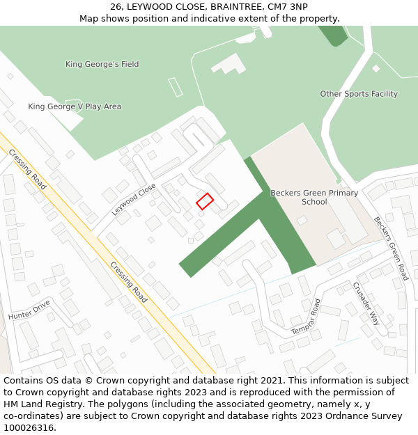 26, LEYWOOD CLOSE, BRAINTREE, CM7 3NP: Location map and indicative extent of plot