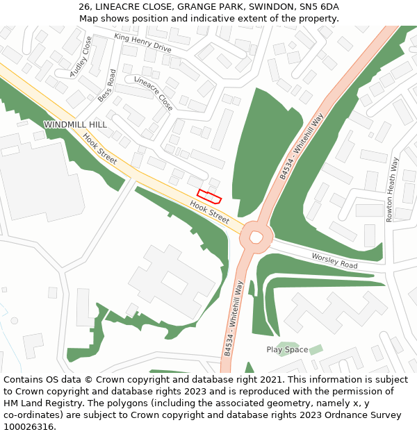 26, LINEACRE CLOSE, GRANGE PARK, SWINDON, SN5 6DA: Location map and indicative extent of plot