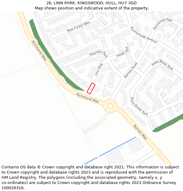 26, LINN PARK, KINGSWOOD, HULL, HU7 3GD: Location map and indicative extent of plot