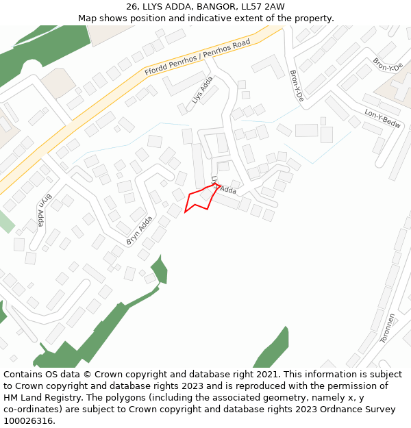 26, LLYS ADDA, BANGOR, LL57 2AW: Location map and indicative extent of plot