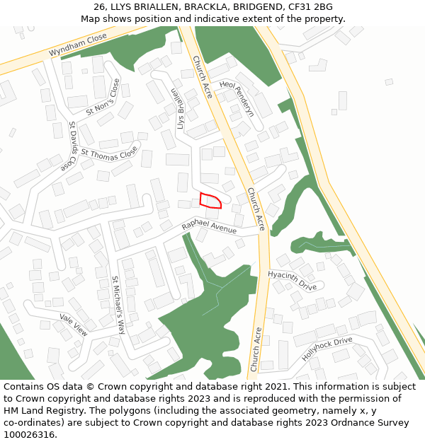 26, LLYS BRIALLEN, BRACKLA, BRIDGEND, CF31 2BG: Location map and indicative extent of plot