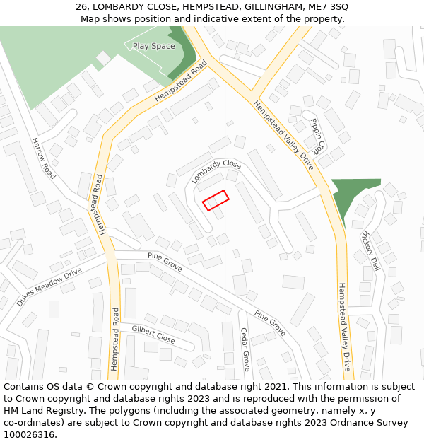 26, LOMBARDY CLOSE, HEMPSTEAD, GILLINGHAM, ME7 3SQ: Location map and indicative extent of plot