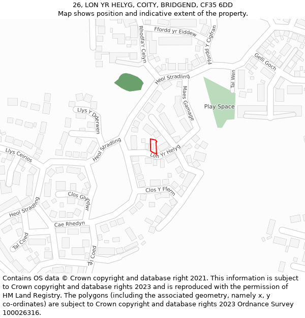 26, LON YR HELYG, COITY, BRIDGEND, CF35 6DD: Location map and indicative extent of plot