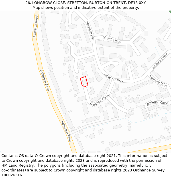 26, LONGBOW CLOSE, STRETTON, BURTON-ON-TRENT, DE13 0XY: Location map and indicative extent of plot