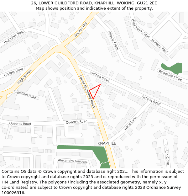 26, LOWER GUILDFORD ROAD, KNAPHILL, WOKING, GU21 2EE: Location map and indicative extent of plot