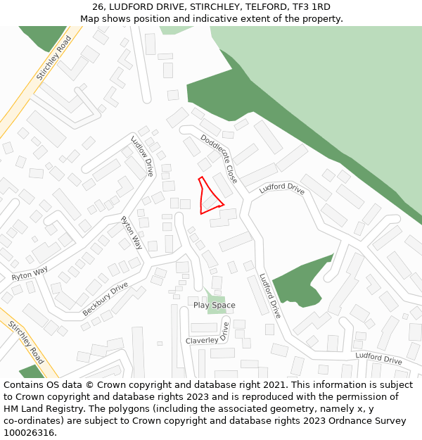 26, LUDFORD DRIVE, STIRCHLEY, TELFORD, TF3 1RD: Location map and indicative extent of plot