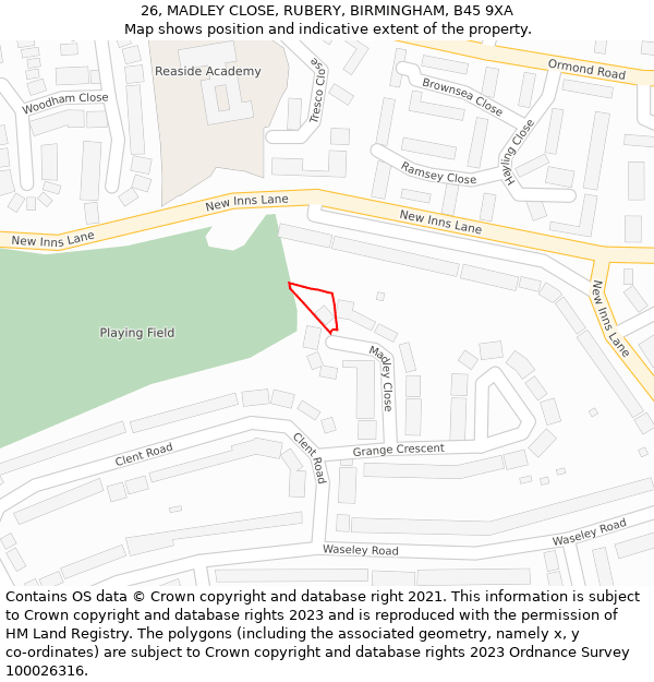 26, MADLEY CLOSE, RUBERY, BIRMINGHAM, B45 9XA: Location map and indicative extent of plot