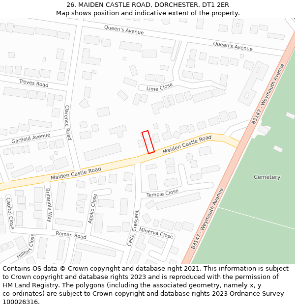 26, MAIDEN CASTLE ROAD, DORCHESTER, DT1 2ER: Location map and indicative extent of plot