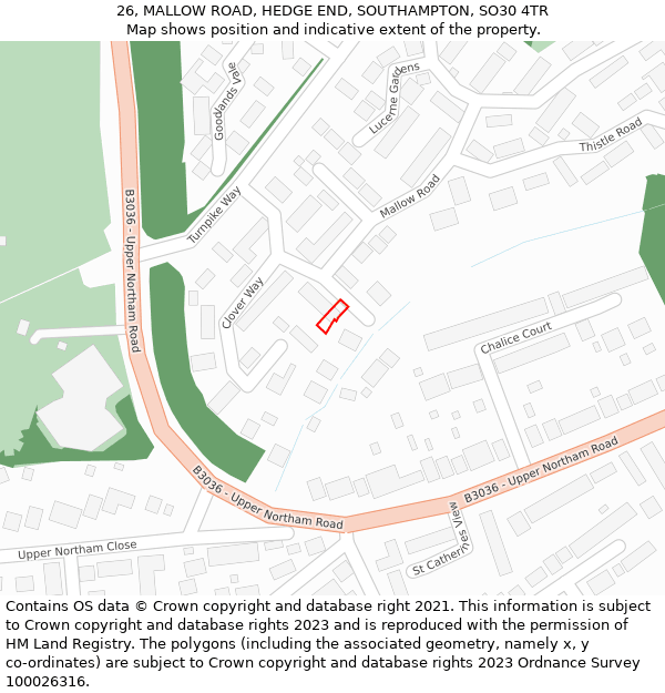 26, MALLOW ROAD, HEDGE END, SOUTHAMPTON, SO30 4TR: Location map and indicative extent of plot