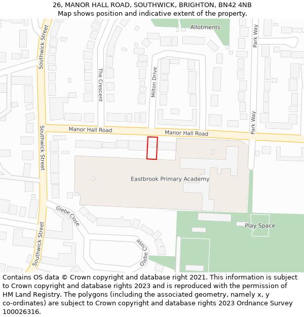 26, MANOR HALL ROAD, SOUTHWICK, BRIGHTON, BN42 4NB: Location map and indicative extent of plot