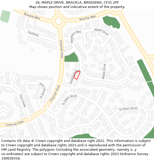 26, MAPLE DRIVE, BRACKLA, BRIDGEND, CF31 2PF: Location map and indicative extent of plot