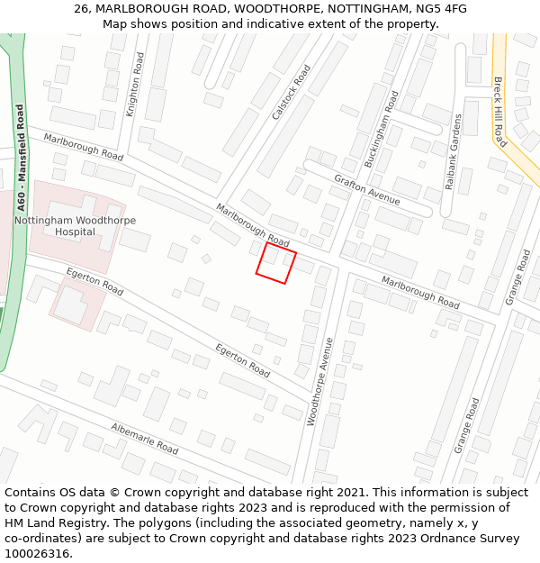 26, MARLBOROUGH ROAD, WOODTHORPE, NOTTINGHAM, NG5 4FG: Location map and indicative extent of plot