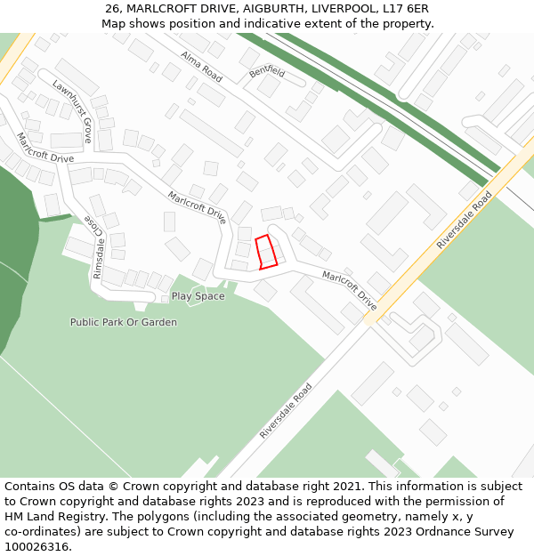 26, MARLCROFT DRIVE, AIGBURTH, LIVERPOOL, L17 6ER: Location map and indicative extent of plot
