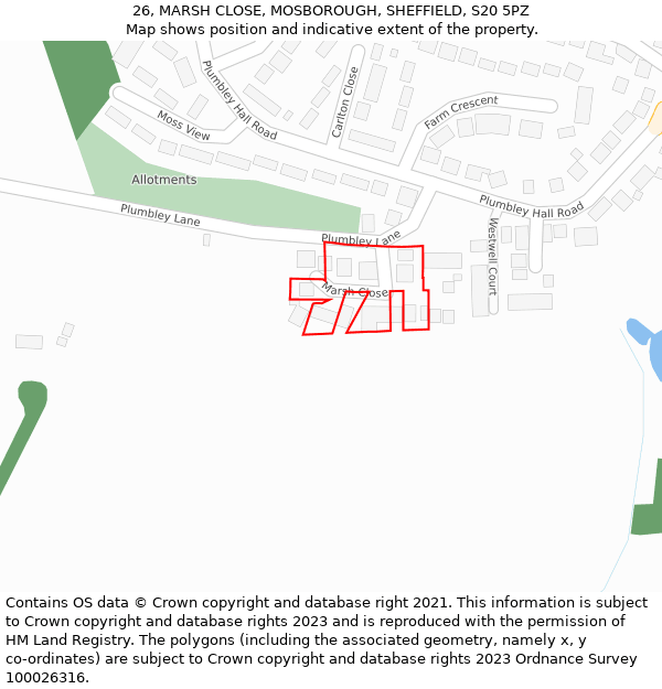 26, MARSH CLOSE, MOSBOROUGH, SHEFFIELD, S20 5PZ: Location map and indicative extent of plot