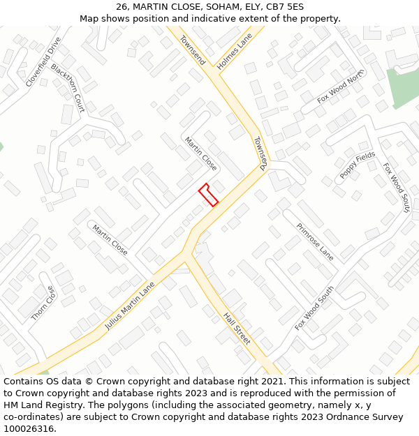 26, MARTIN CLOSE, SOHAM, ELY, CB7 5ES: Location map and indicative extent of plot