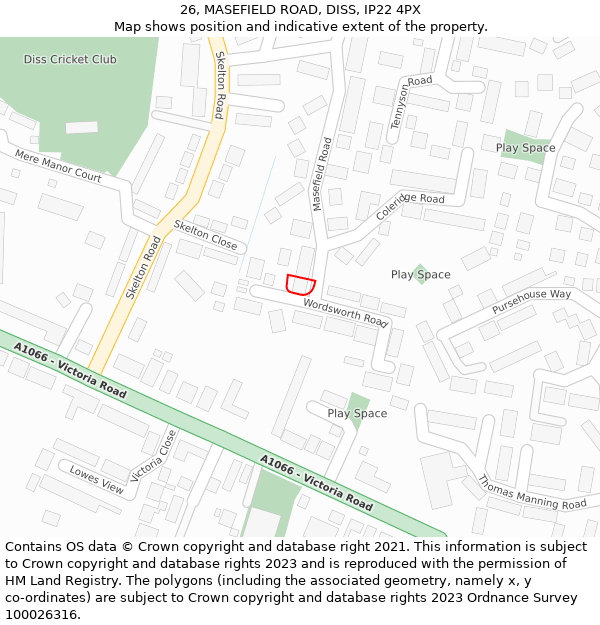 26, MASEFIELD ROAD, DISS, IP22 4PX: Location map and indicative extent of plot