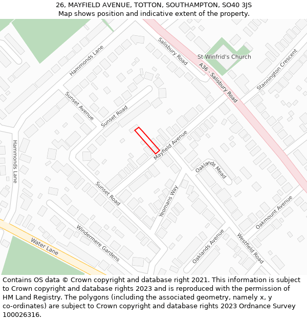 26, MAYFIELD AVENUE, TOTTON, SOUTHAMPTON, SO40 3JS: Location map and indicative extent of plot