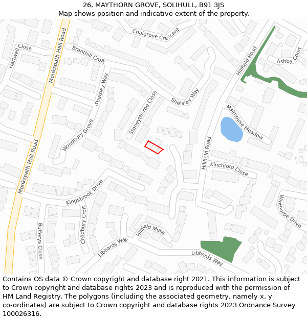 26, MAYTHORN GROVE, SOLIHULL, B91 3JS: Location map and indicative extent of plot