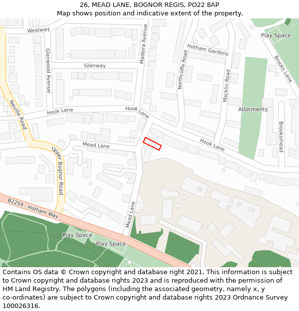 26, MEAD LANE, BOGNOR REGIS, PO22 8AP: Location map and indicative extent of plot