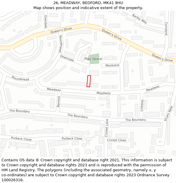 26, MEADWAY, BEDFORD, MK41 9HU: Location map and indicative extent of plot