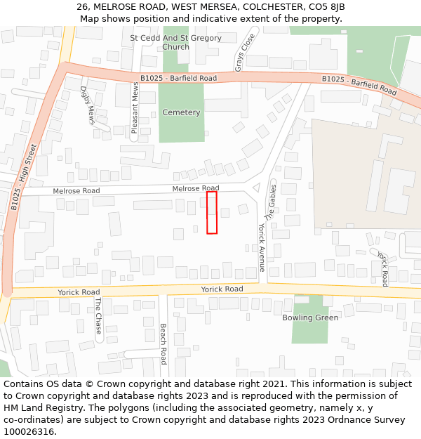 26, MELROSE ROAD, WEST MERSEA, COLCHESTER, CO5 8JB: Location map and indicative extent of plot