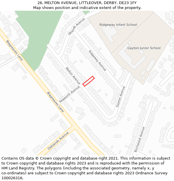 26, MELTON AVENUE, LITTLEOVER, DERBY, DE23 1FY: Location map and indicative extent of plot