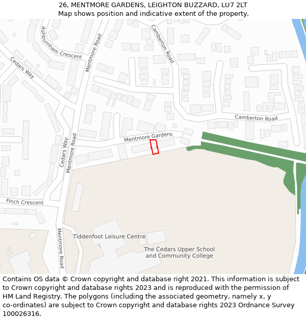 26, MENTMORE GARDENS, LEIGHTON BUZZARD, LU7 2LT: Location map and indicative extent of plot