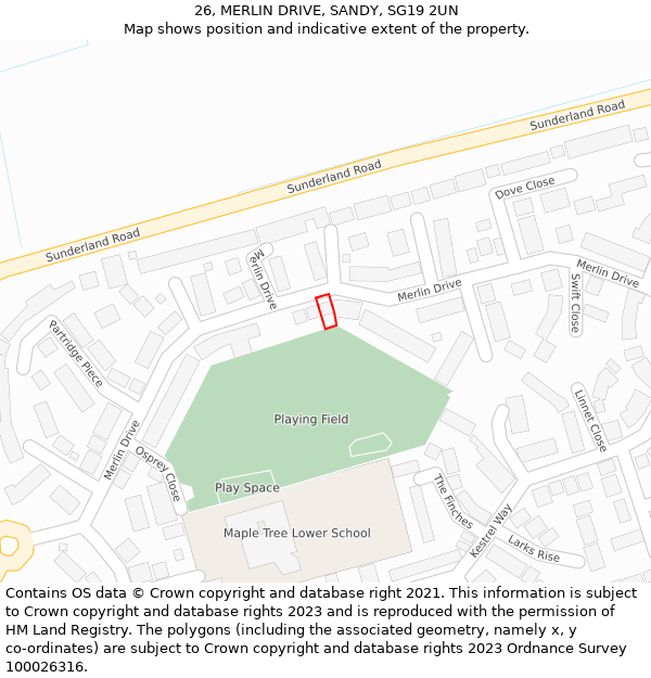 26, MERLIN DRIVE, SANDY, SG19 2UN: Location map and indicative extent of plot