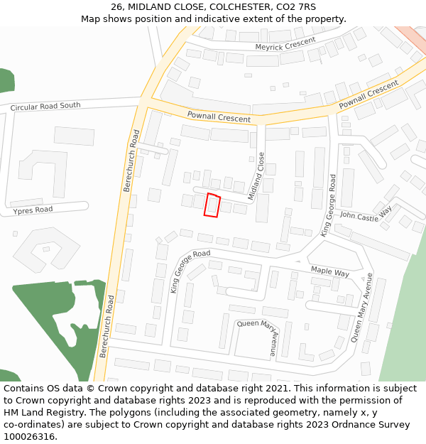 26, MIDLAND CLOSE, COLCHESTER, CO2 7RS: Location map and indicative extent of plot