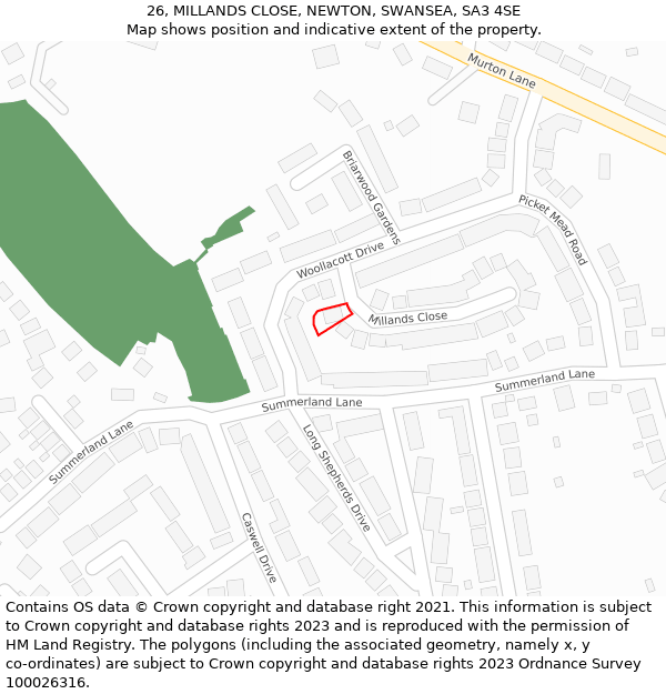 26, MILLANDS CLOSE, NEWTON, SWANSEA, SA3 4SE: Location map and indicative extent of plot