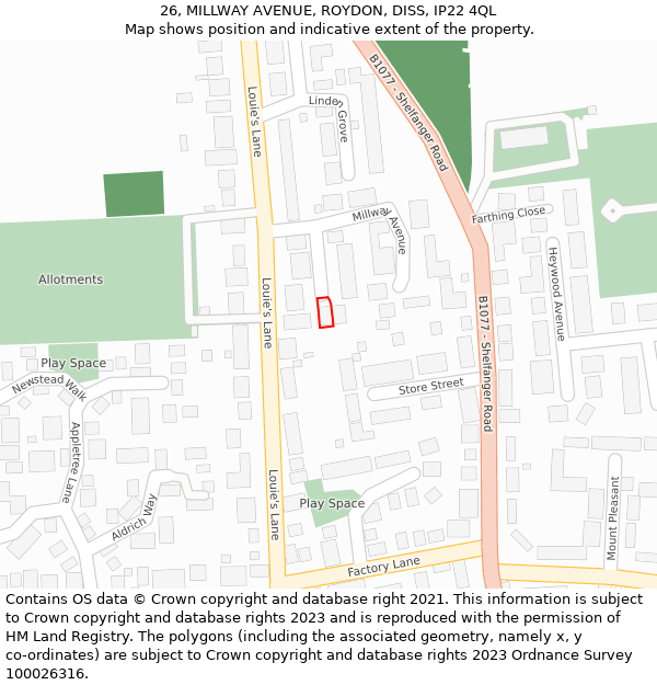 26, MILLWAY AVENUE, ROYDON, DISS, IP22 4QL: Location map and indicative extent of plot