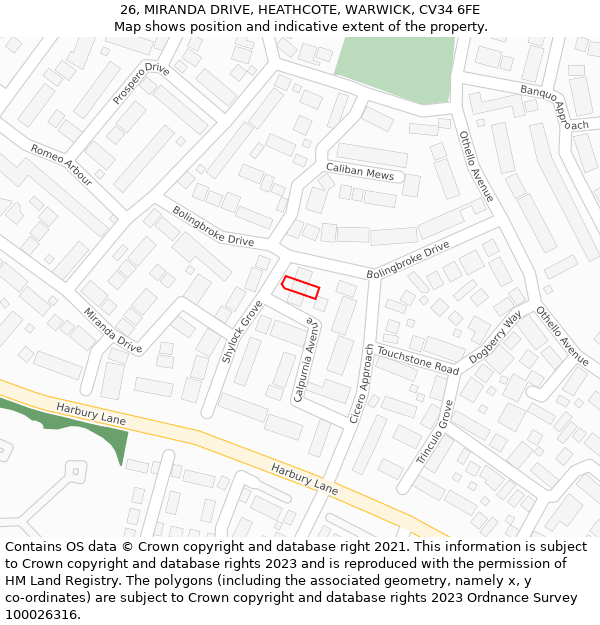 26, MIRANDA DRIVE, HEATHCOTE, WARWICK, CV34 6FE: Location map and indicative extent of plot