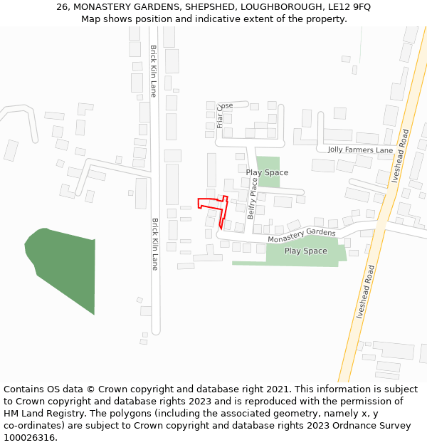 26, MONASTERY GARDENS, SHEPSHED, LOUGHBOROUGH, LE12 9FQ: Location map and indicative extent of plot
