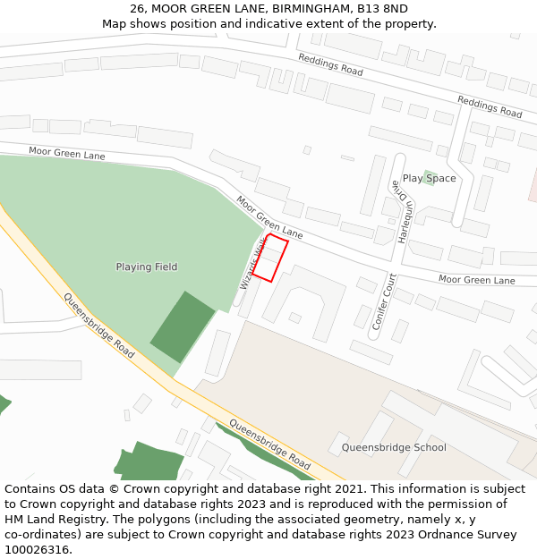 26, MOOR GREEN LANE, BIRMINGHAM, B13 8ND: Location map and indicative extent of plot