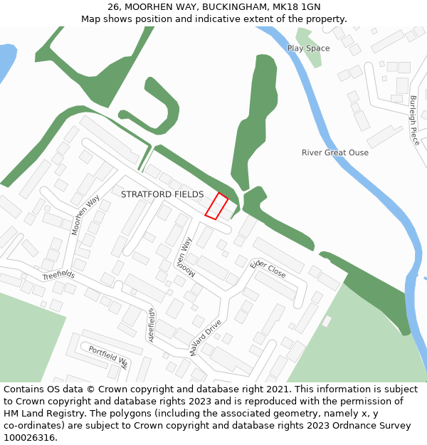 26, MOORHEN WAY, BUCKINGHAM, MK18 1GN: Location map and indicative extent of plot