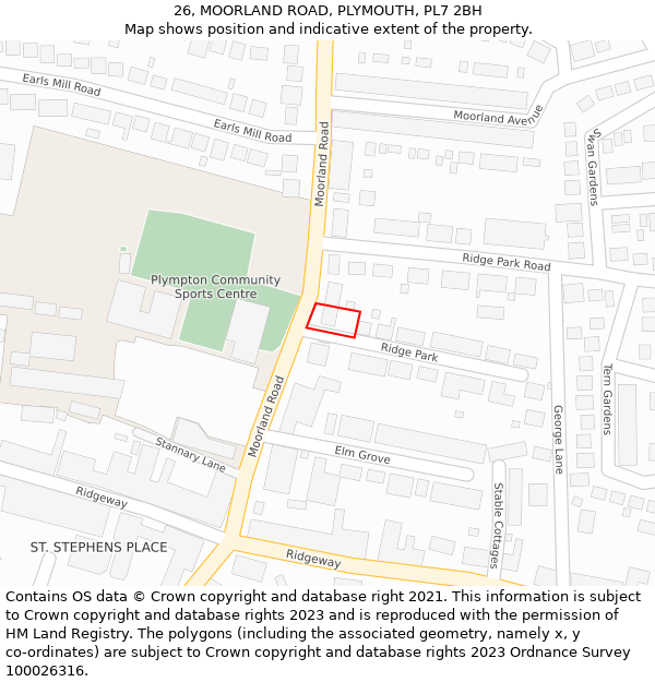 26, MOORLAND ROAD, PLYMOUTH, PL7 2BH: Location map and indicative extent of plot