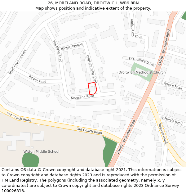 26, MORELAND ROAD, DROITWICH, WR9 8RN: Location map and indicative extent of plot