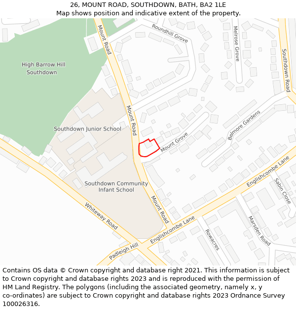 26, MOUNT ROAD, SOUTHDOWN, BATH, BA2 1LE: Location map and indicative extent of plot