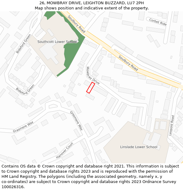 26, MOWBRAY DRIVE, LEIGHTON BUZZARD, LU7 2PH: Location map and indicative extent of plot